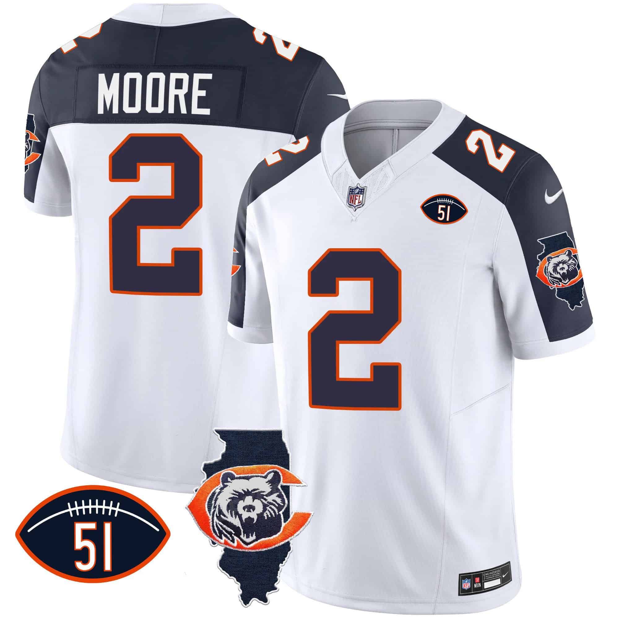 Men Chicago Bears #2 Moore White 2024 Nike Throwback Illinois Patch Vapor NFL Jersey style 2